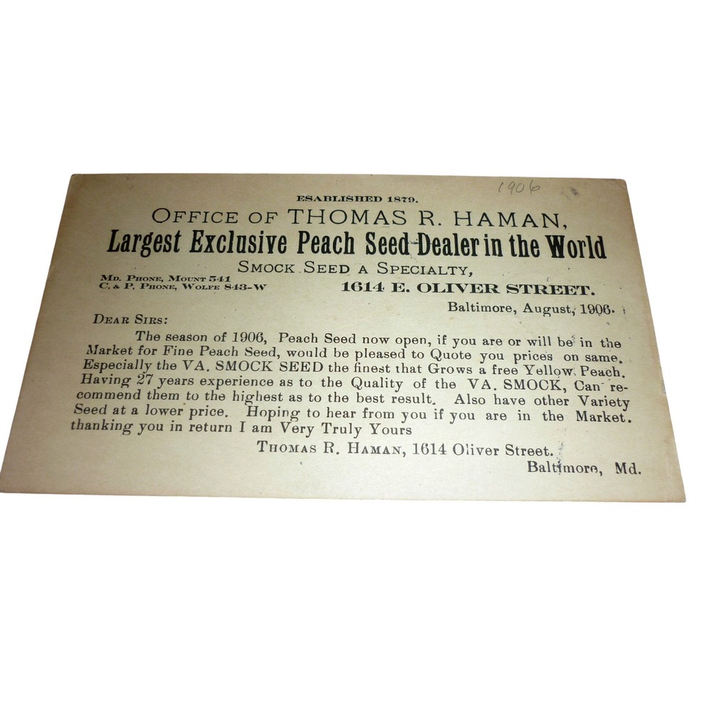 1906 Thomas R Haman Peach Seed‎ Dealer Baltimore MD Antique Postal Card McKinley